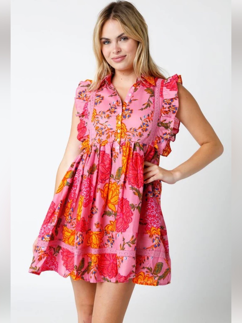 Olivaceous Pink Floral Ruffle Dress
